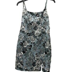 Vintage-Inspired Floral Jacquard Mini Dress With Adjustable Straps & Side Slit S